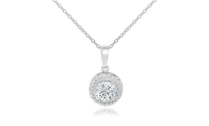 Round Bezel CZ Charm Pendant - 925 Sterling Silver - Rhodium Plated