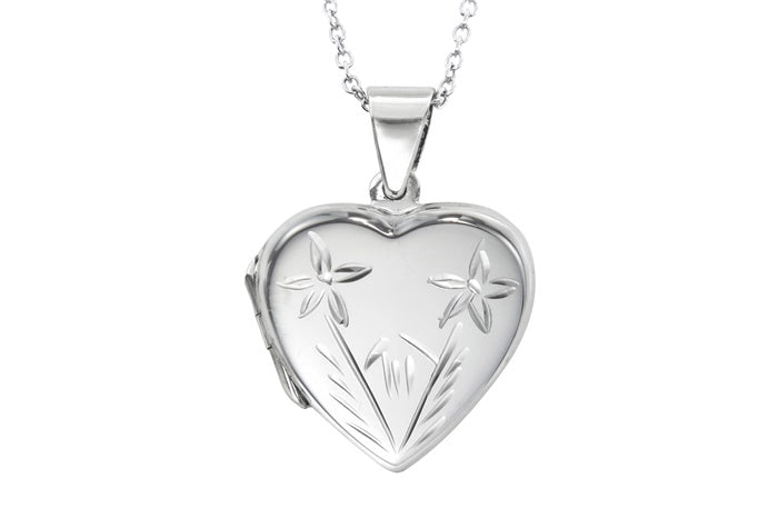 Floral Heart Locket Pendant - 925 Sterling Silver - Rhodium Plated