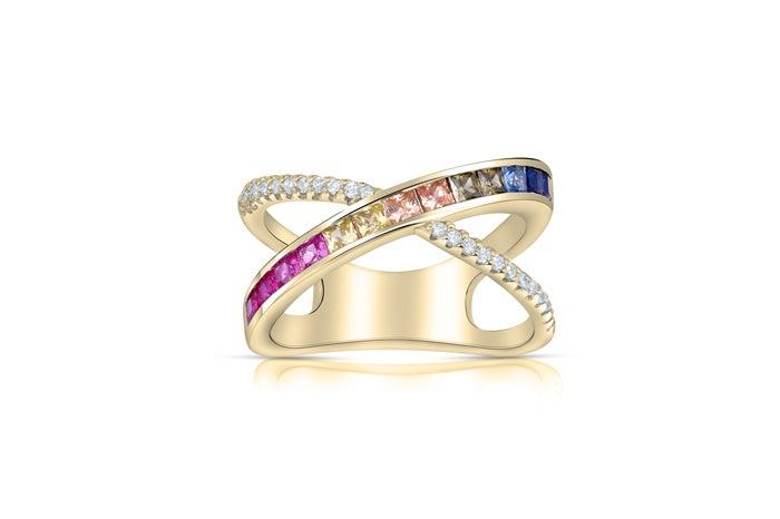 Rainbow Eternity Band Ring - 925 Sterling Silver - Gold Plated