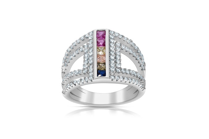 Rainbow Eternity Band Ring - 925 Sterling Silver - Rhodium Plated