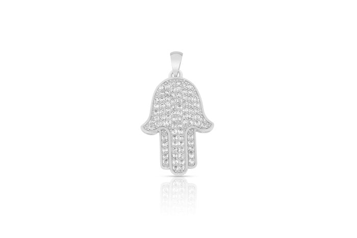 Hamsa Hand CZ Charm Pendant - 925 Sterling Silver - Rhodium Plated