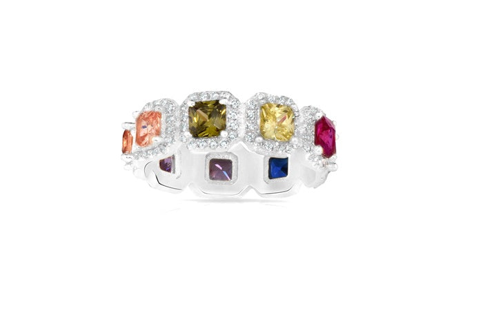 Rainbow Eternity Band Ring - 925 Sterling Silver - Rhodium Plated