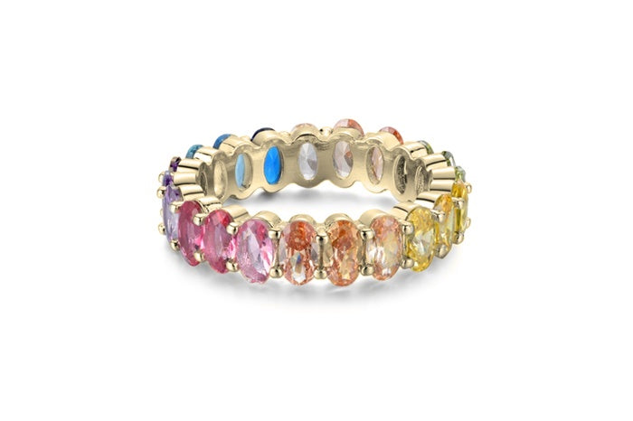Rainbow Eternity Band Ring - 925 Sterling Silver - Gold Plated