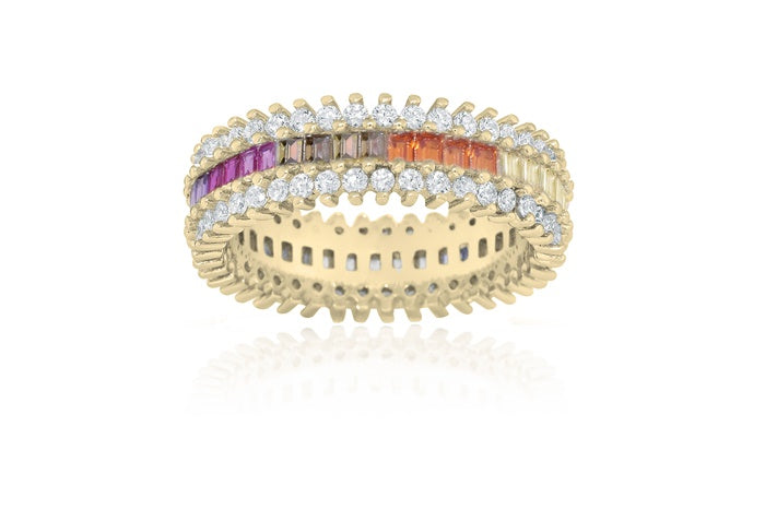 Rainbow Eternity Band Ring - 925 Sterling Silver - Gold Plated
