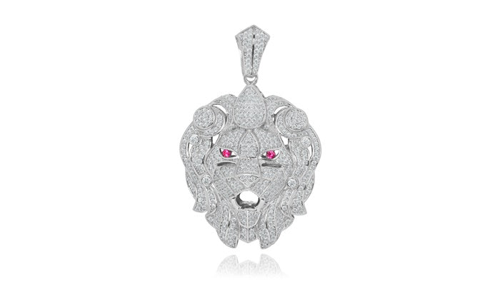 Lion Head CZ Charm Pendant - 925 Sterling Silver - Rhodium Plated