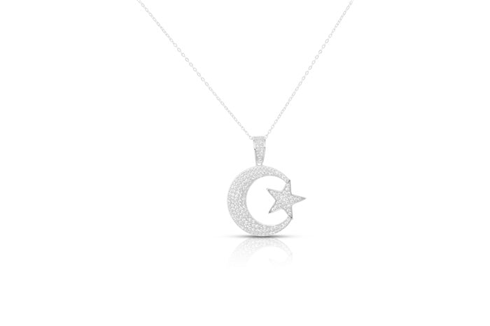 Crescent Moon and Star CZ Charm Pendant - 925 Sterling Silver - Rhodium Plated