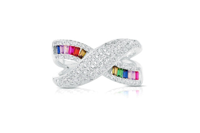 Rainbow Eternity Band Ring - 925 Sterling Silver - Rhodium Plated