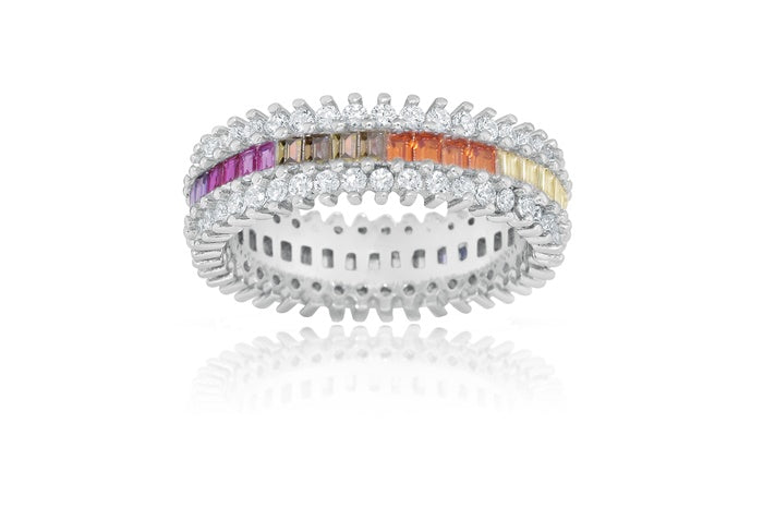 Rainbow Eternity Band Ring - 925 Sterling Silver - Rhodium Plated