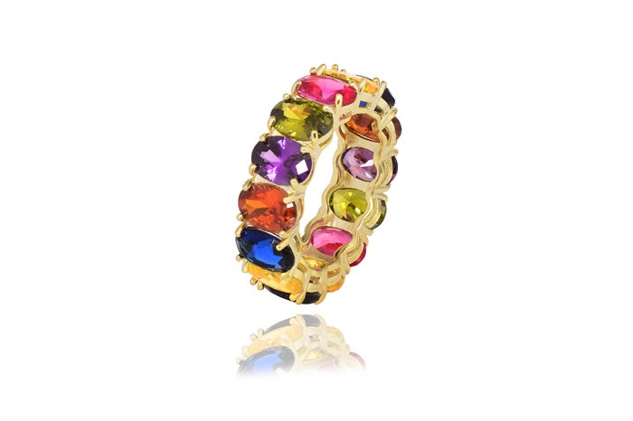 Rainbow Eternity Band Ring - 925 Sterling Silver - Gold Plated