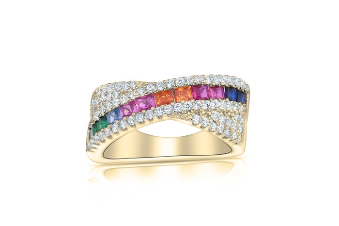 Rainbow Eternity Band Ring - 925 Sterling Silver - Gold Plated