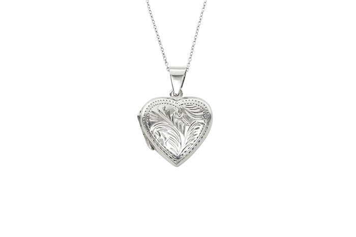 Scroll Engraved Heart Locket Pendant - 925 Sterling Silver - Rhodium Plated