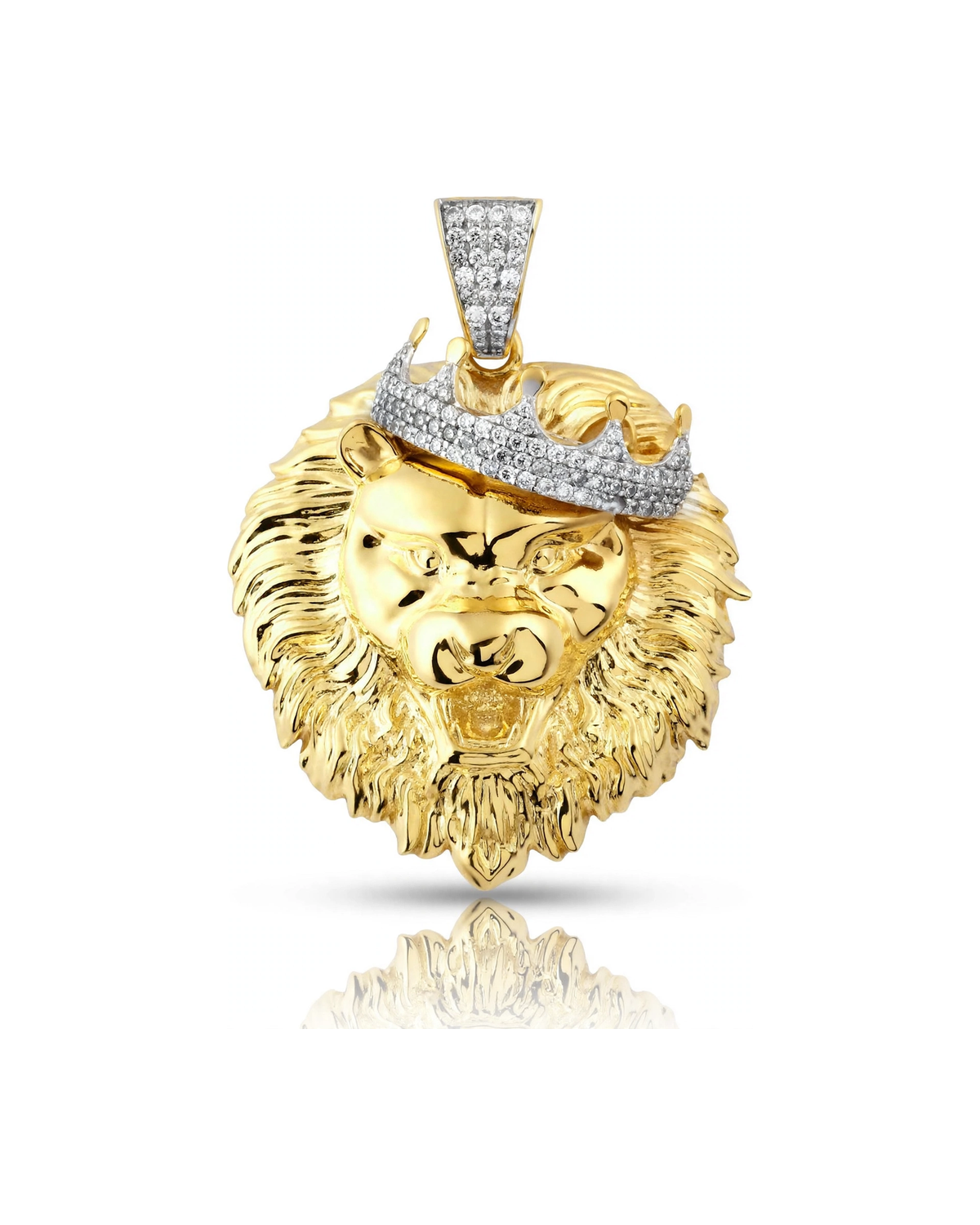 Lion Head CZ Crown Pendant - 10K Yellow Gold