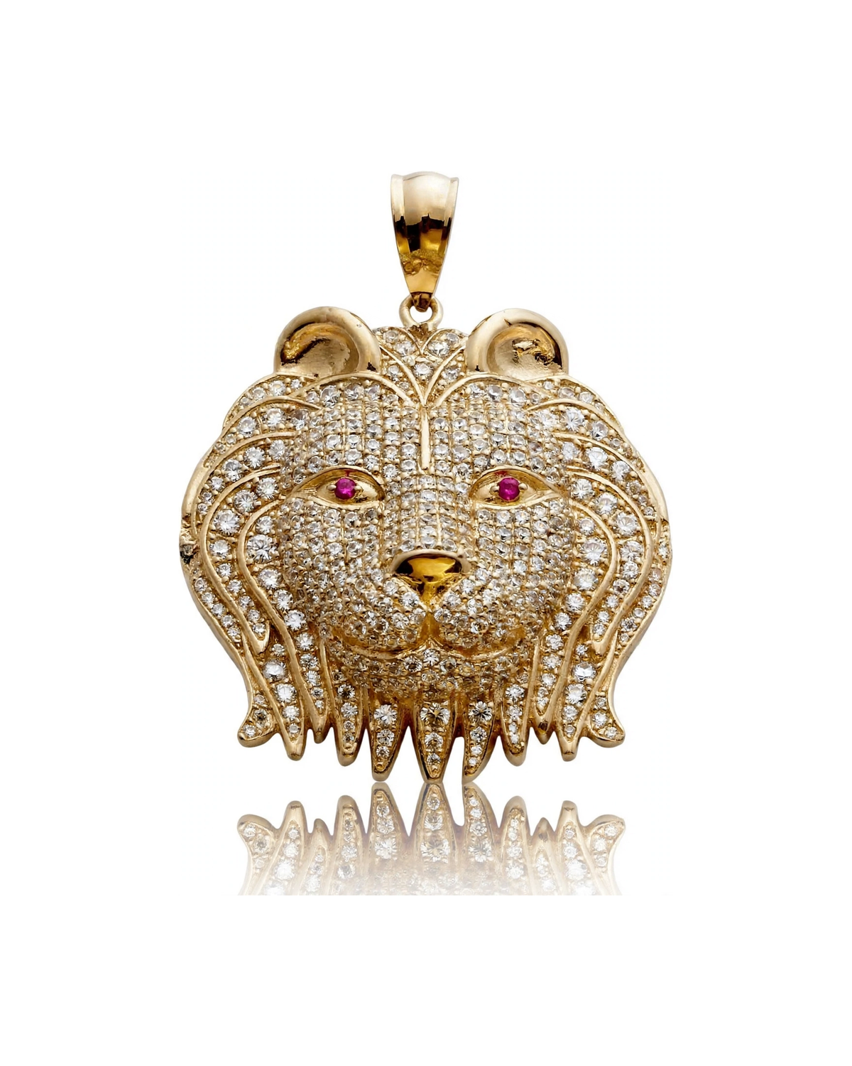 Lion Head Pendant Full CZ with Red CZ Eyes - 10K Gold