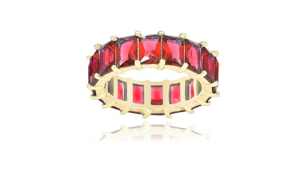 Emerald-Cut Red Eternity Ring - 925 Sterling Silver - Gold Plated