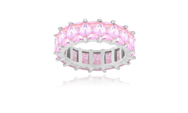 Emerald-Cut Light Pink Eternity Ring - 925 Sterling Silver - Rhodium Plated