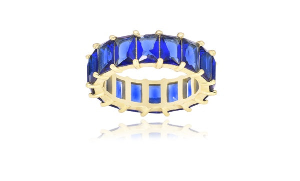 Emerald-Cut Sapphire Blue Eternity Ring - 925 Sterling Silver - Gold Plated
