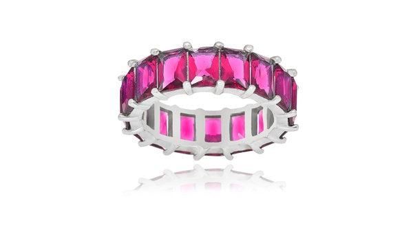 Emerald-Cut Fuchsia Eternity Ring - 925 Sterling Silver - Rhodium Plated