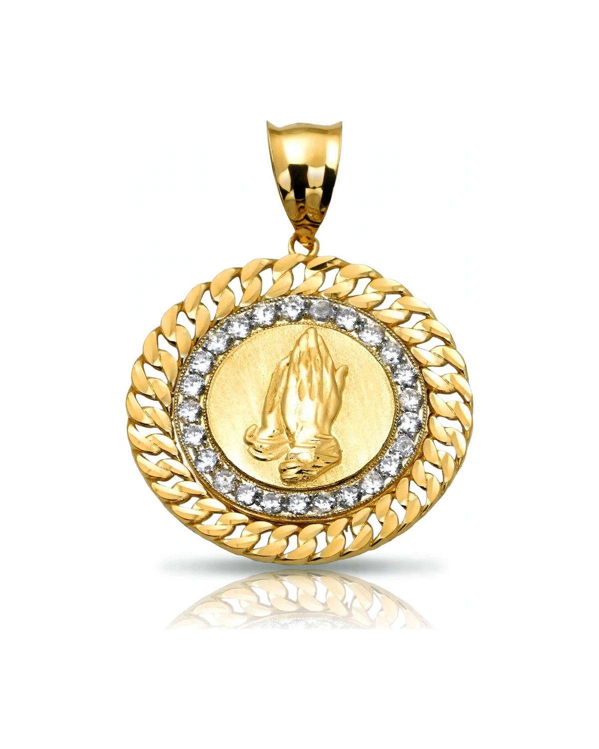 Praying Hands Medallion Pendant with CZ Ring - 10K Gold