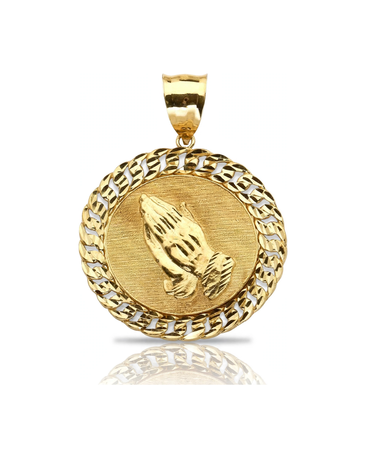 Praying Hands Medallion Pendant with Cuban Frame - 10K Yellow Gold