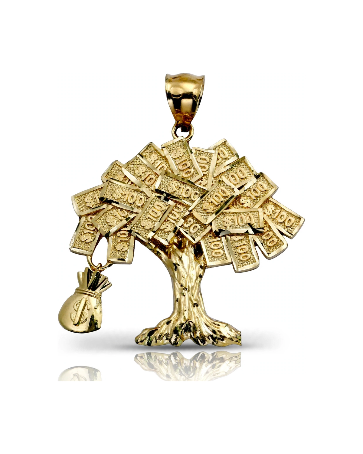Money Tree Pendant with Bills and Bag - 10K Yellow Gold