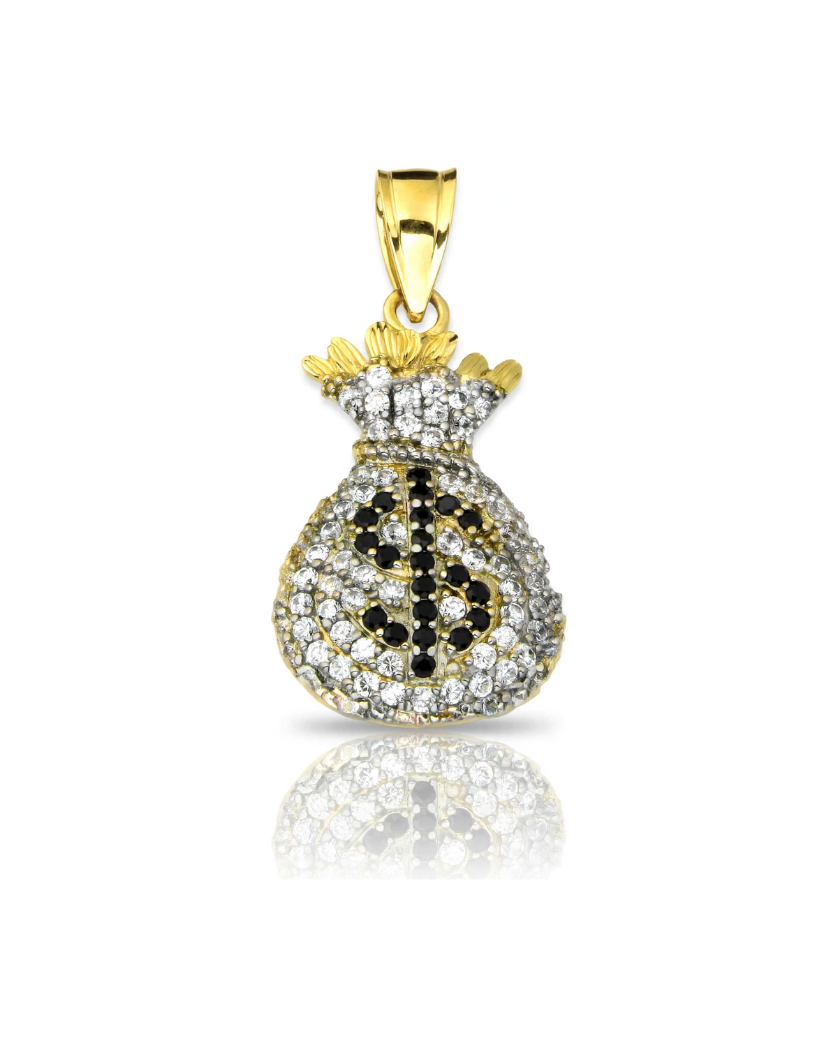 Money Bag Pendant with Black Dollar Sign and CZ - 10K Gold