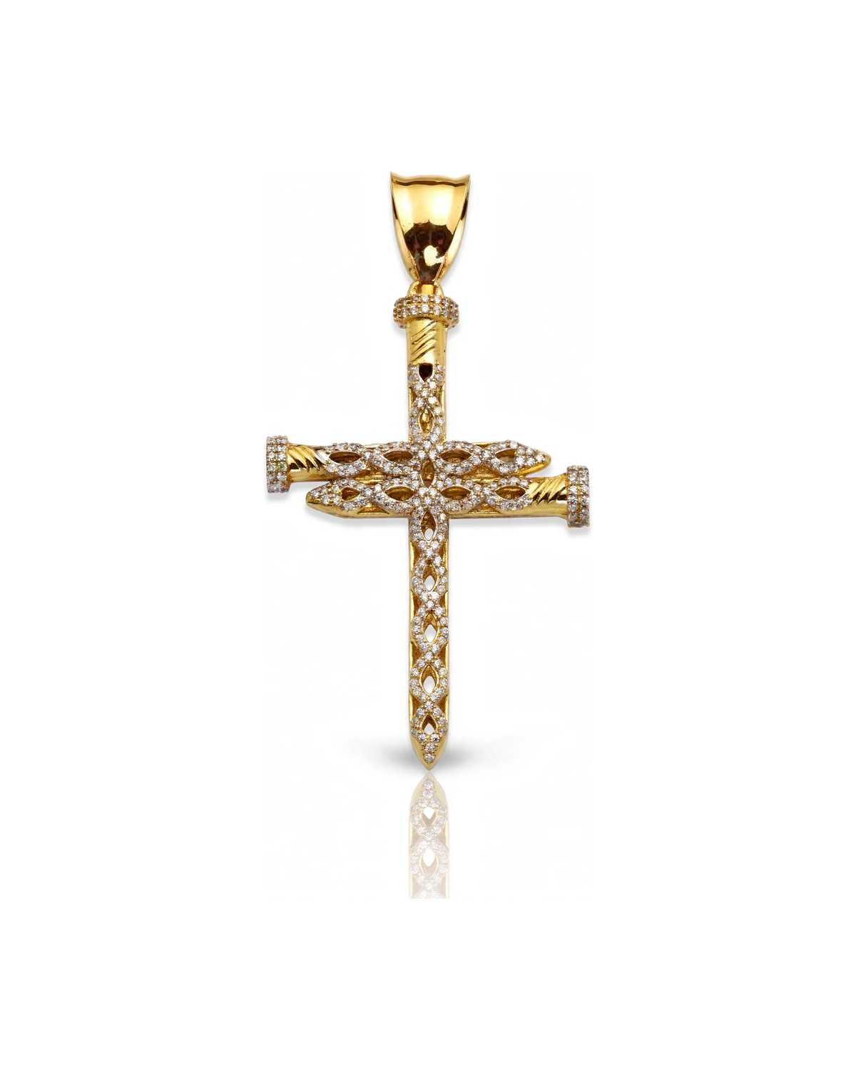 Reversible Nail Cross Pendant with CZ Row and Lattice Reverse - 10K Yellow Gold