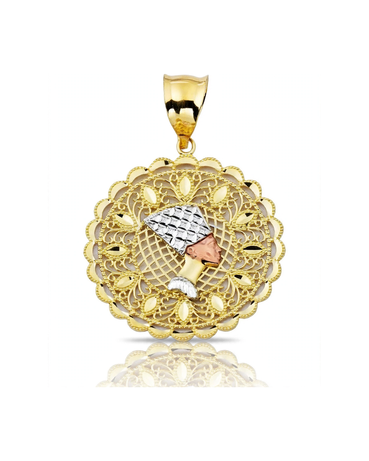 Nefertiti Filigree Medallion Pendant Tri-Tone - 10K Gold