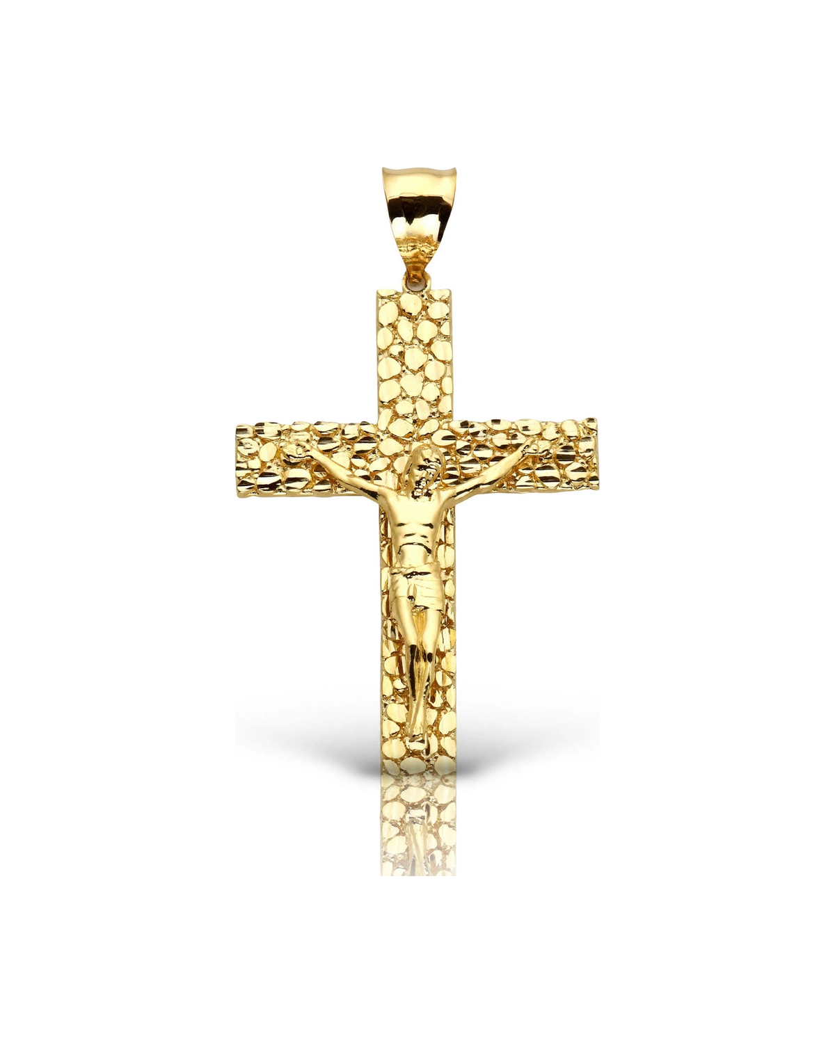 Nugget Crucifix Pendant with Gold Corpus and Pebble Texture - 10K Yellow Gold