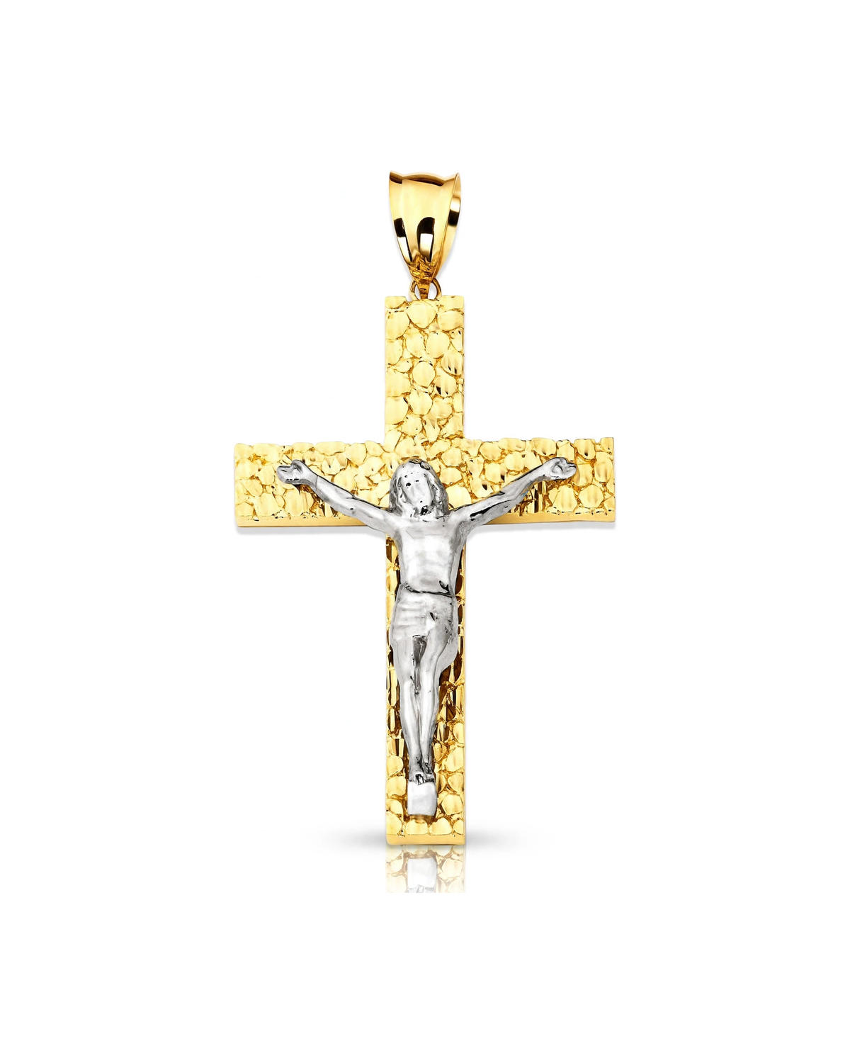 Large Nugget Cross Crucifix Pendant with White Gold Corpus - 10K Gold