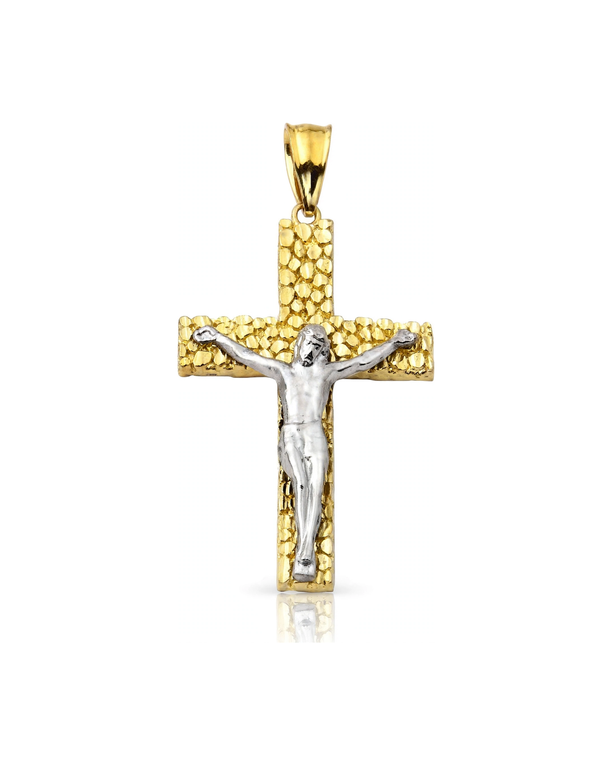 Small Nugget Crucifix Pendant with White Gold Corpus - 10K Gold