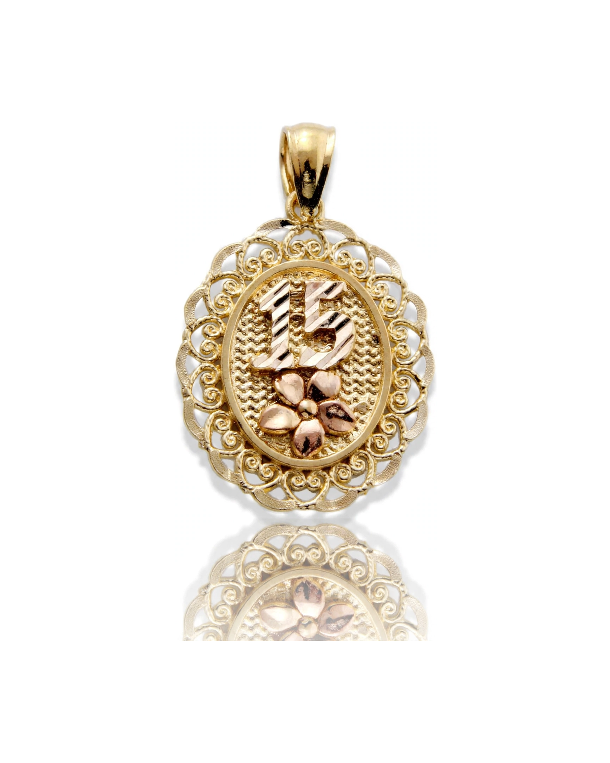 15 Pendant Oval with Roses Two-Tone - 10K Gold