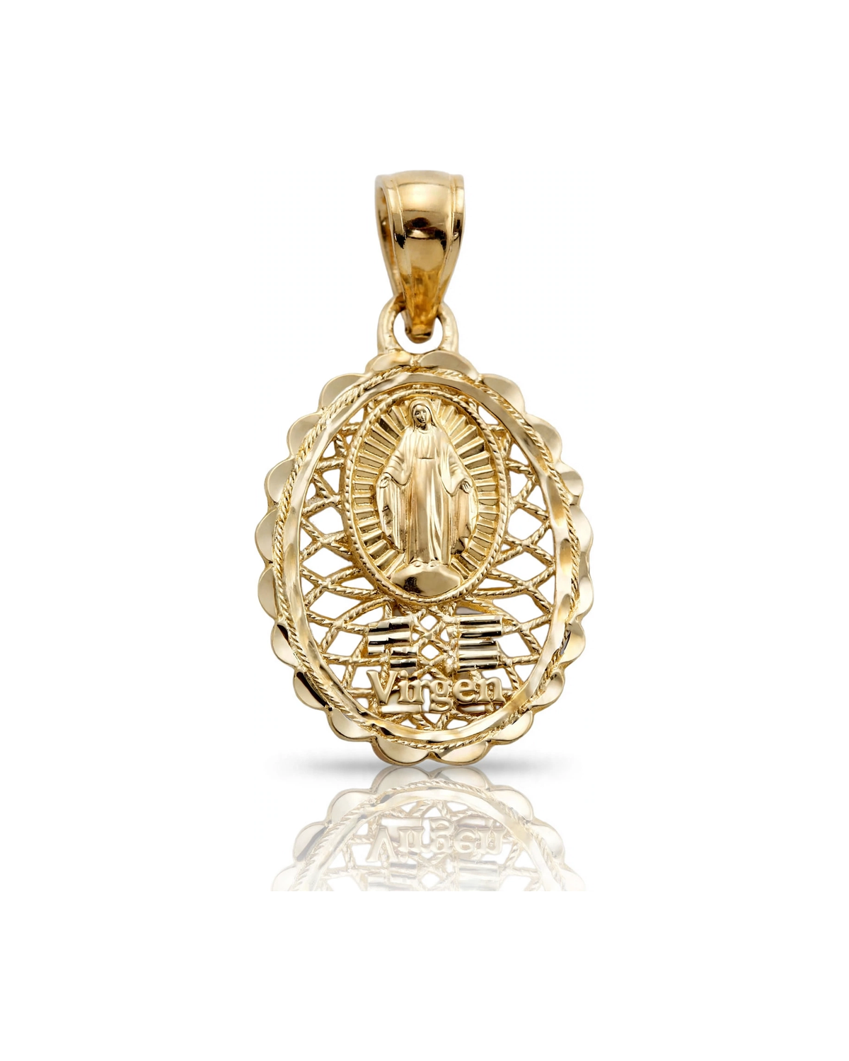 Virgin Mary Guadalupe Pendant Oval Filigree - 10K Yellow Gold