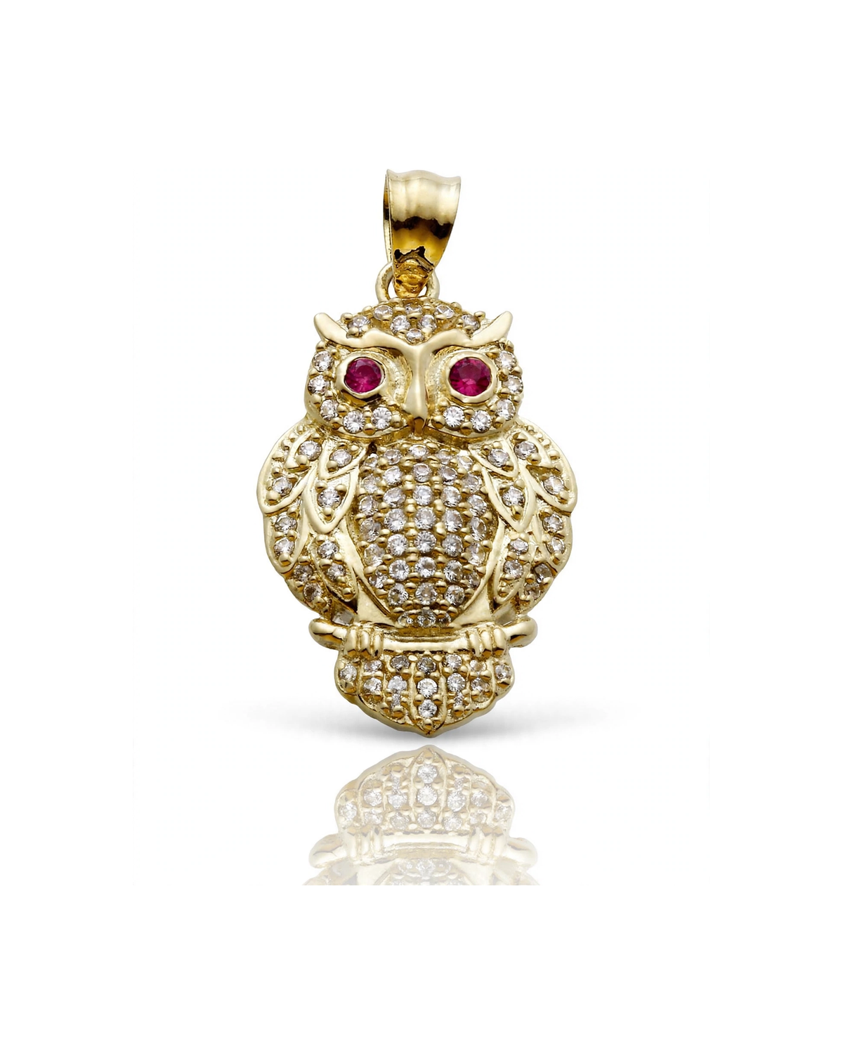 Owl Pendant with CZ and Red CZ Eyes - 10K Gold