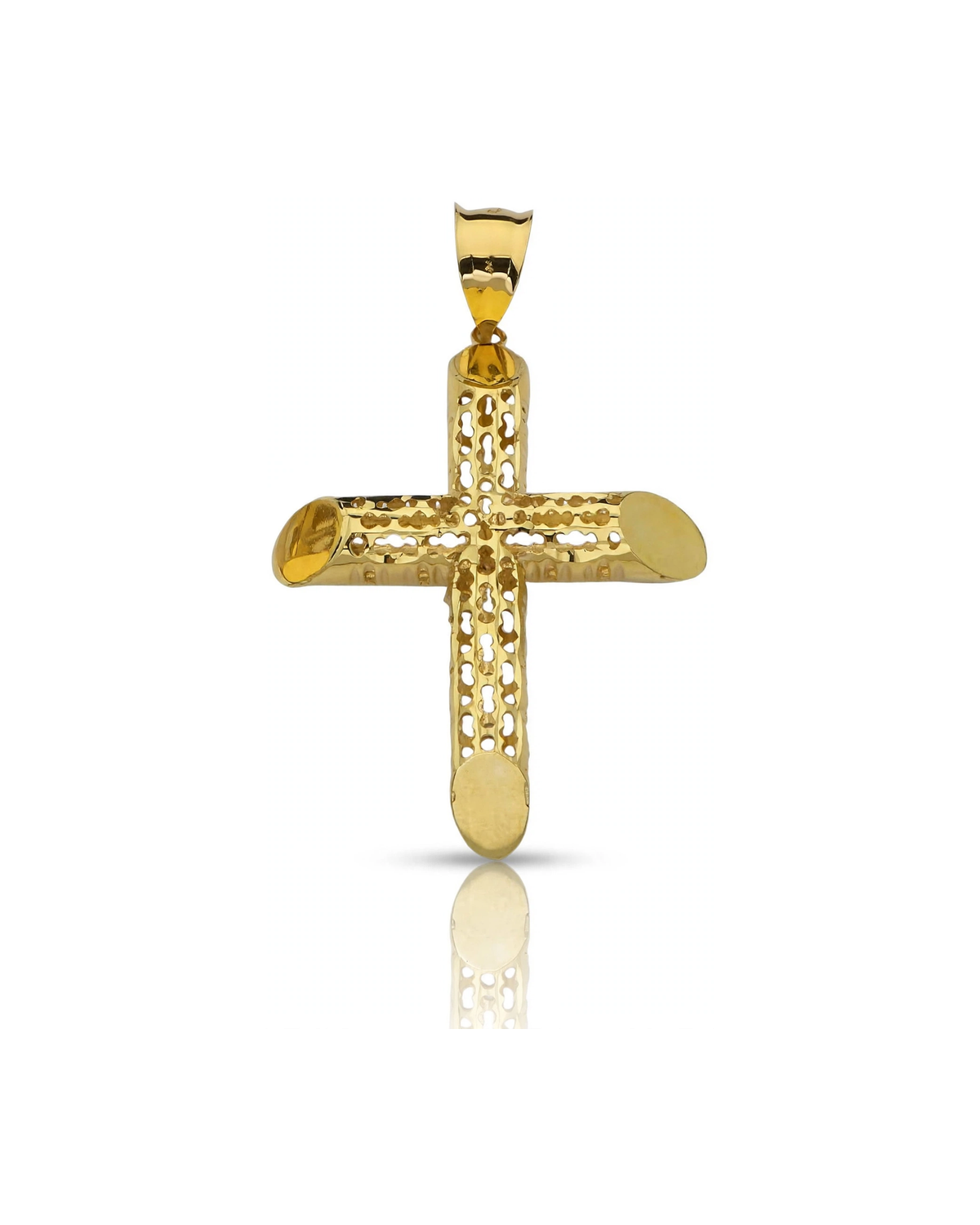 Perforated Lattice Tube Cross Pendant - 10K Yellow Gold