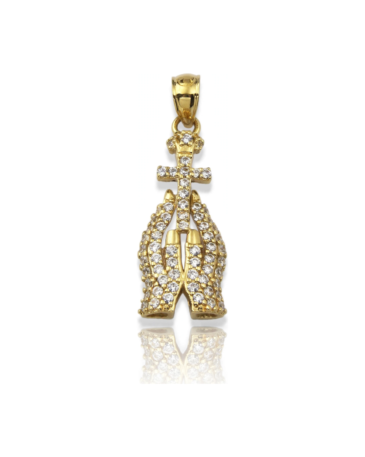 Praying Hands Pendant Mini with CZ and Cross - 10K Gold