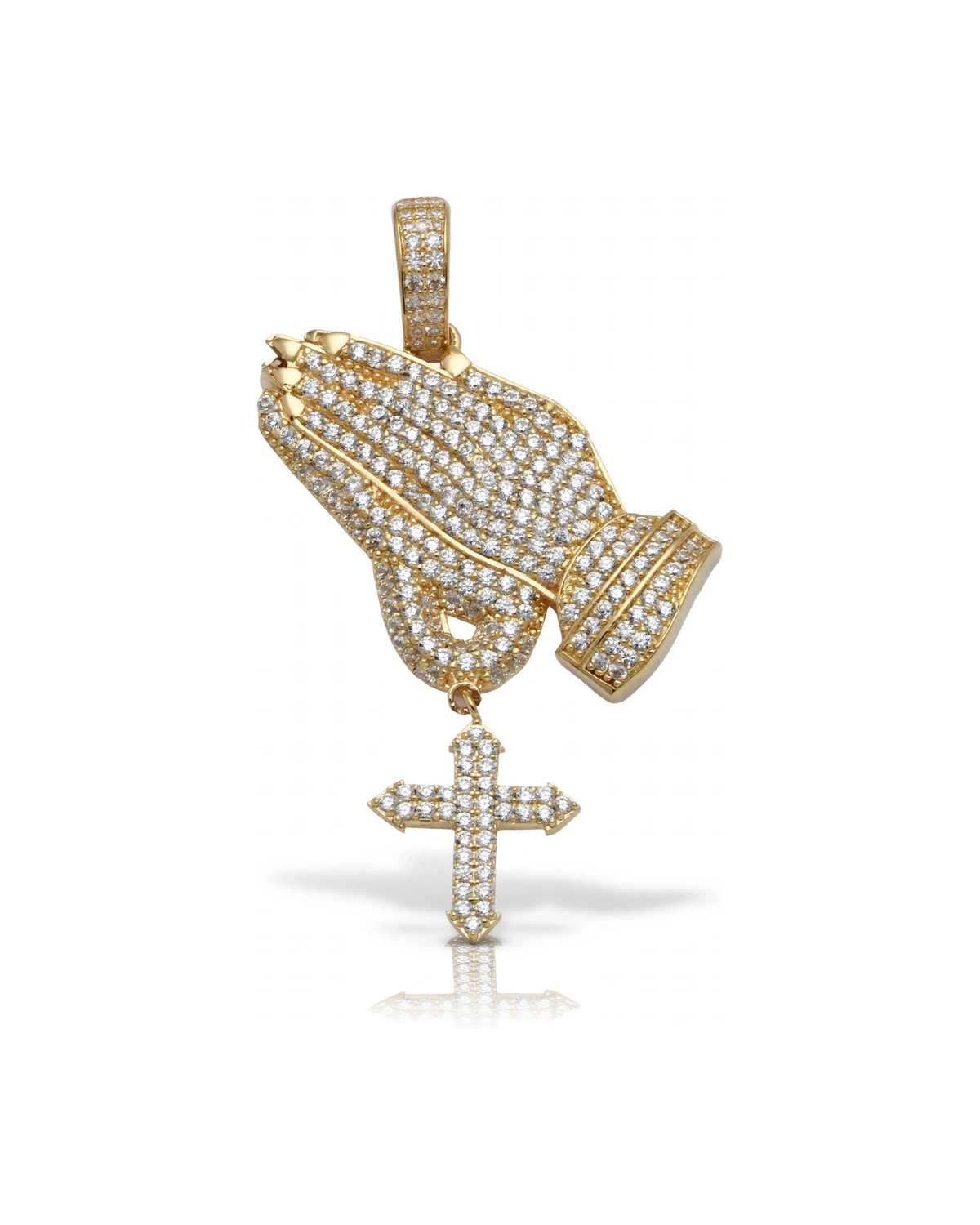 Praying Hands Pendant with CZ and Dangling Cross - 10K Gold