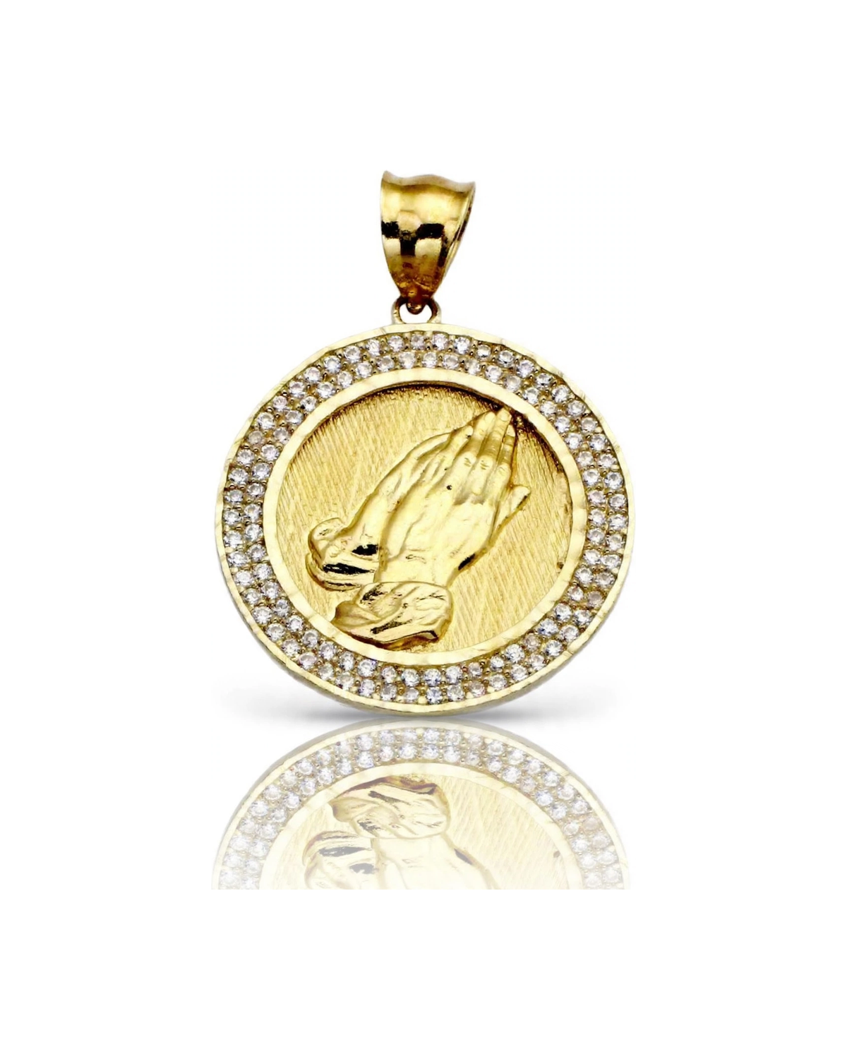Praying Hands Pendant Medallion with CZ Ring - 10K Gold