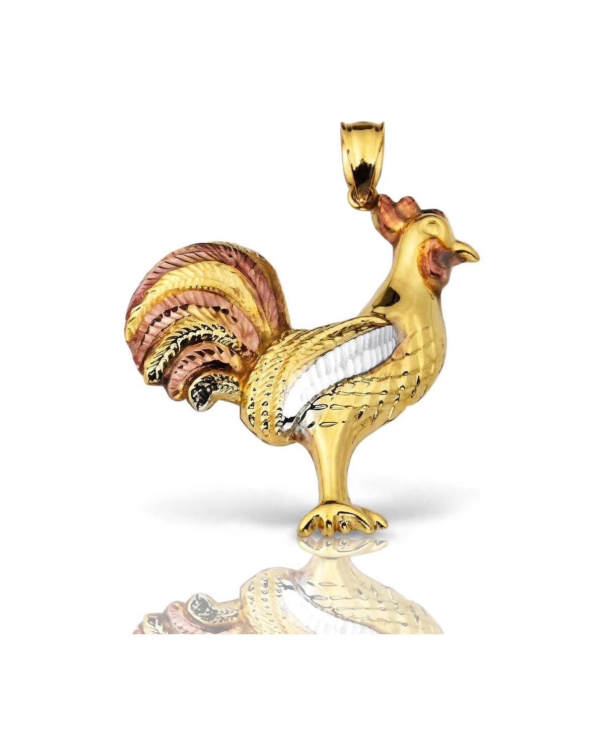 Rooster Tri-Color Tail Pendant - 10K Gold