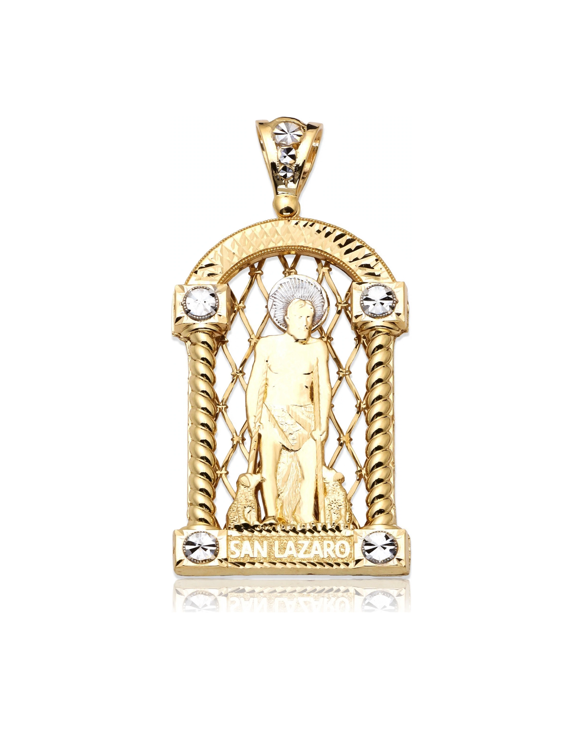 San Lazaro Saint Lazarus Arch Pendant with Rope Columns and CZ Rosettes - 10K Yellow Gold