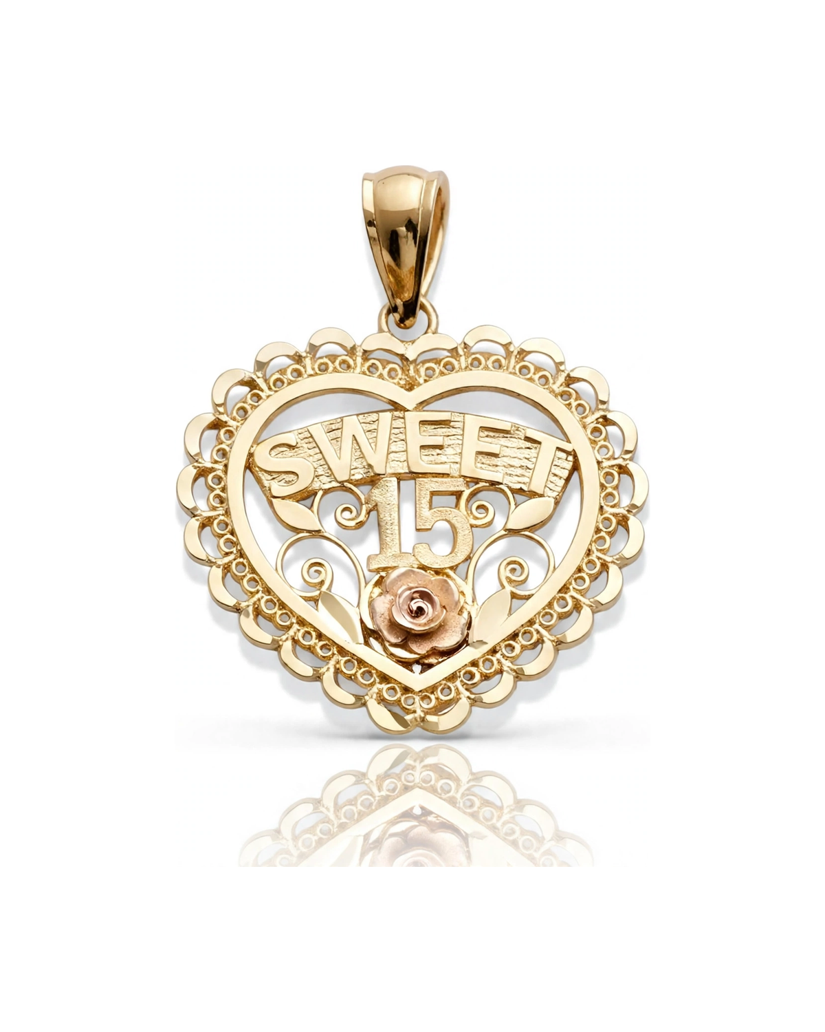 Sweet 15 Pendant Heart with Rose - 10K Yellow Gold