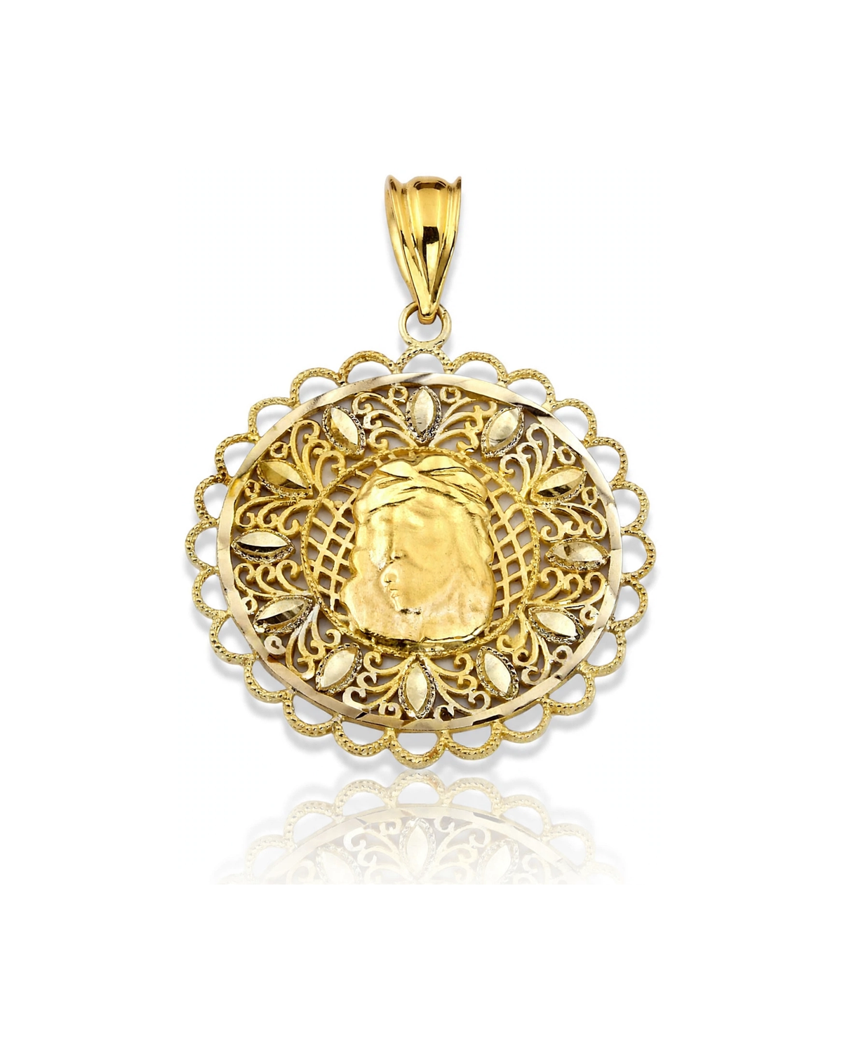 Virgin Mary Filigree Round Medallion Pendant - 10K Yellow Gold