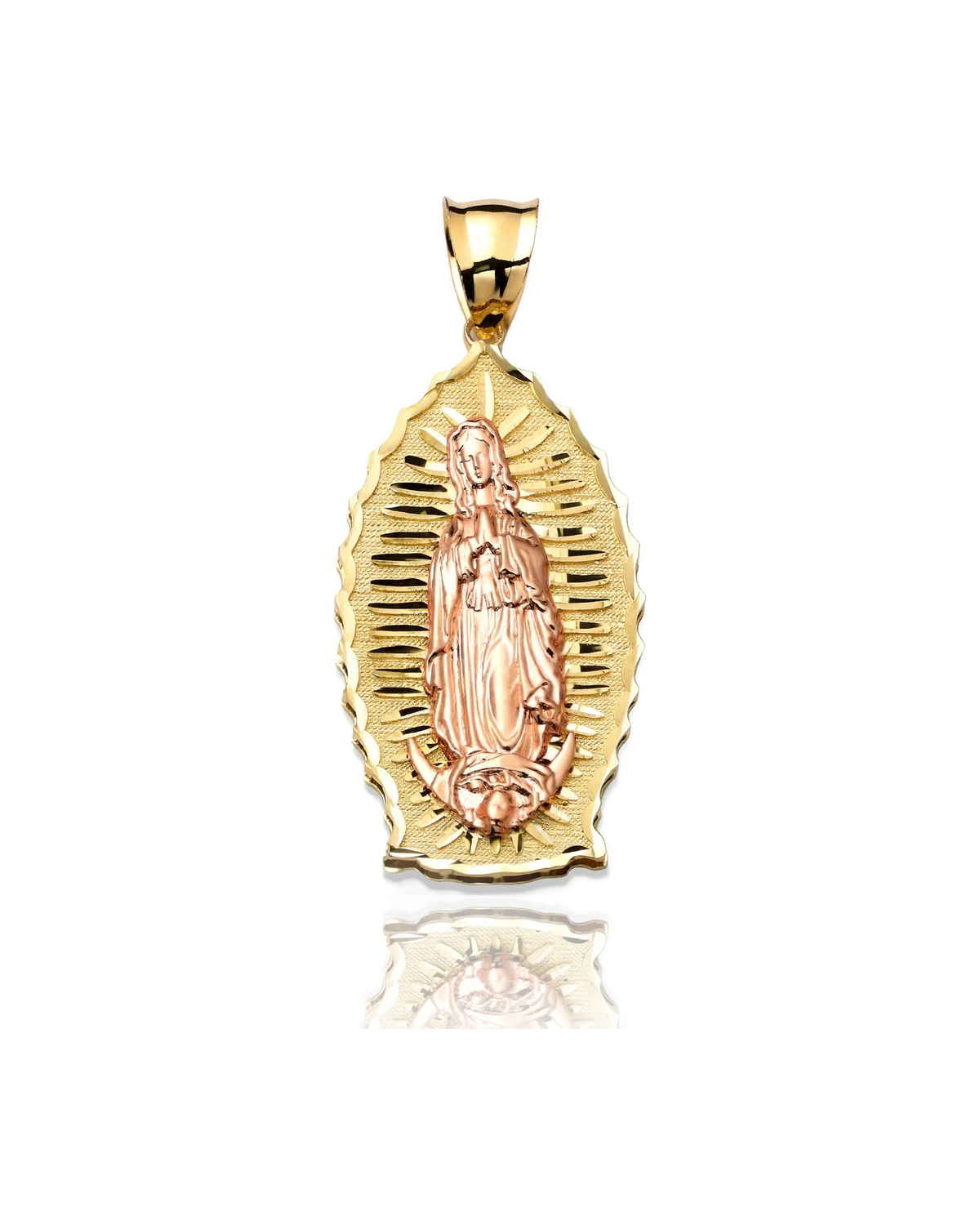 Virgin Mary Guadalupe Rose Figure Oval Pendant - 10K Gold