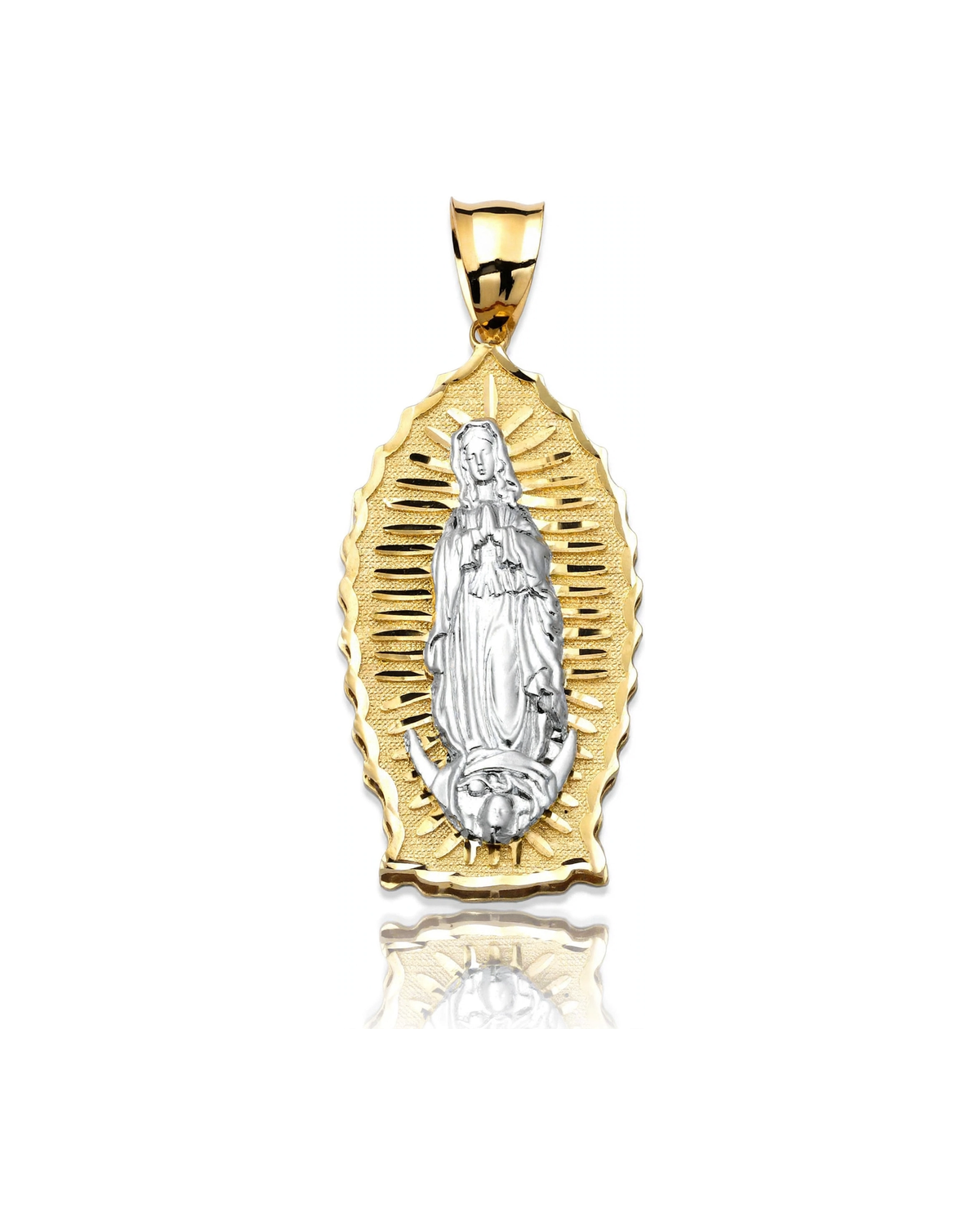 Virgin Mary Guadalupe White Figure Oval Pendant - 10K Gold