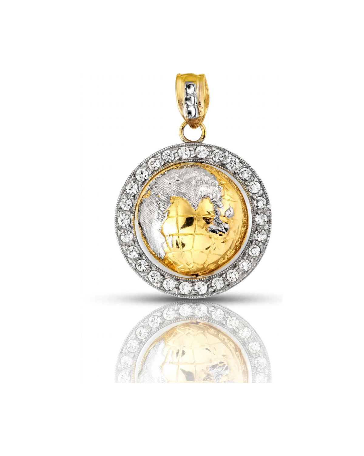 World Globe CZ Halo Round Pendant - 10K Gold