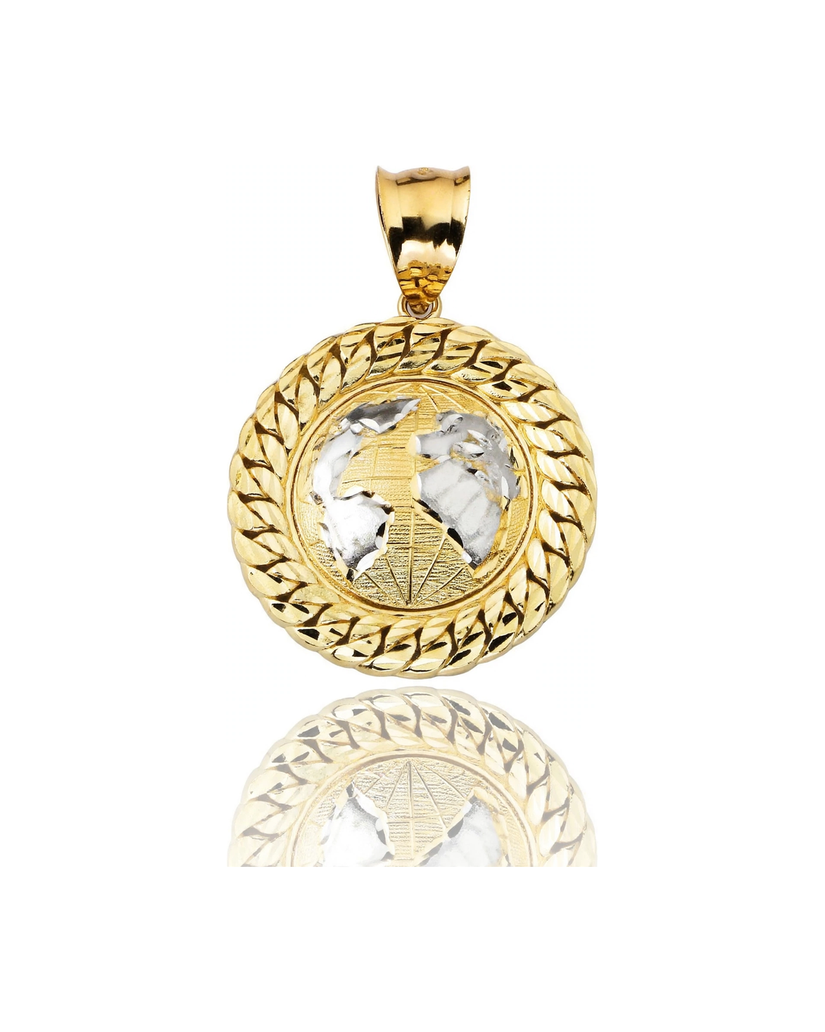 World Map Cuban Frame Two-Tone Pendant - 10K Gold