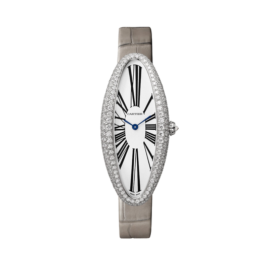 Cartier Baignoire Allongée WJBA0007 - Medium model Rhodiumized 18K white gold, Silvered Dial, Light gray alligator leather strap