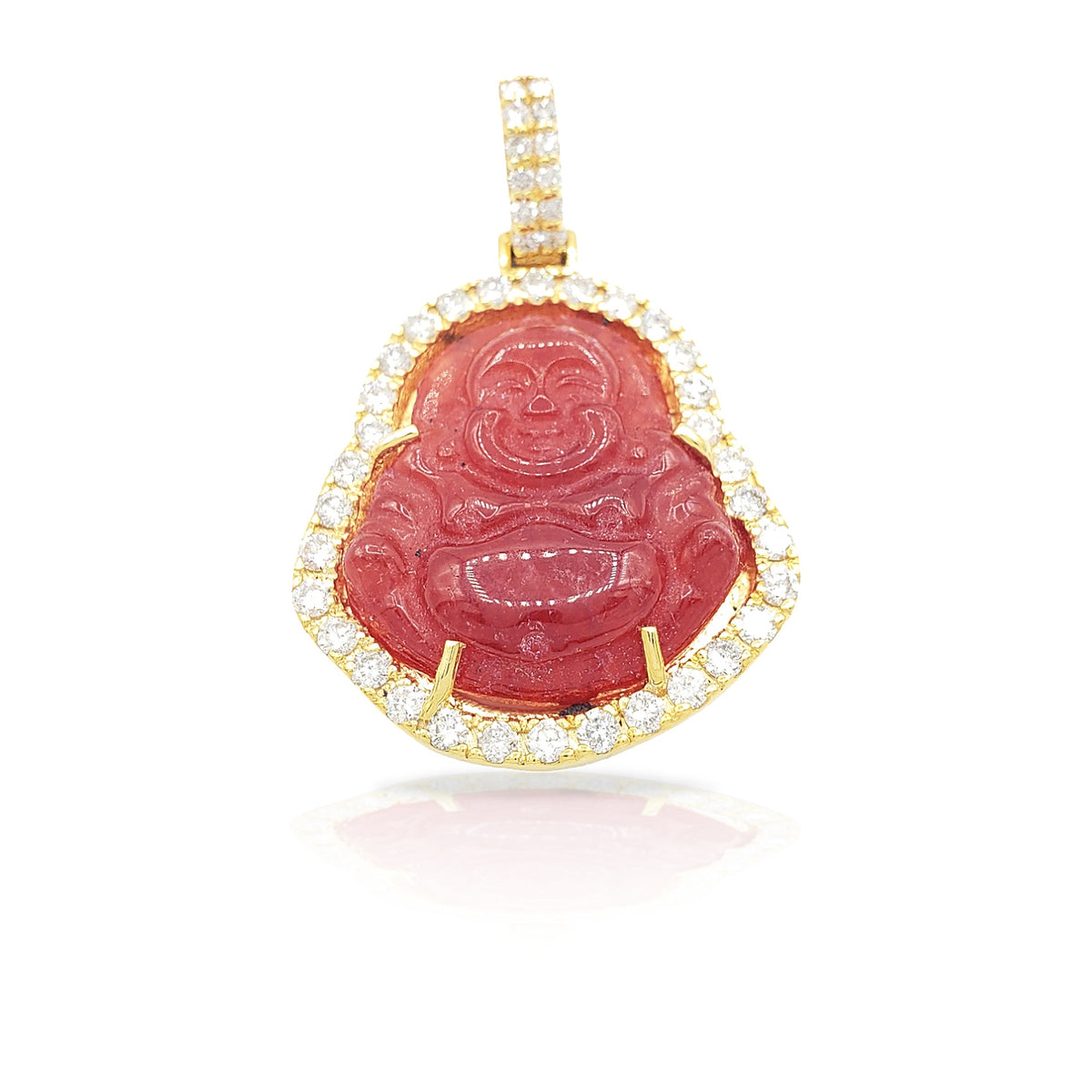 14K Yellow Gold Diamond Buddha With Red Jade