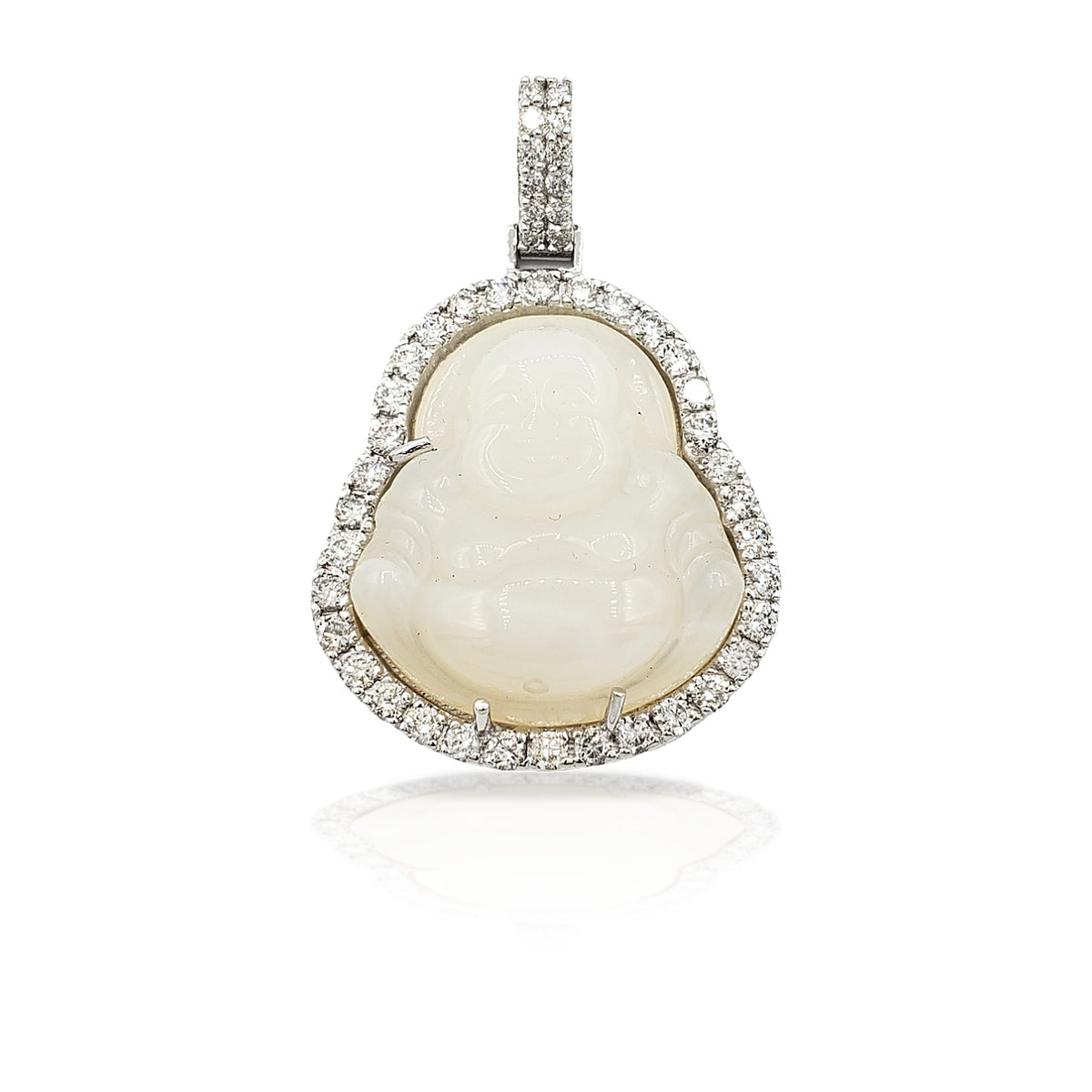 14K White Gold Diamond Buddha With White Jade