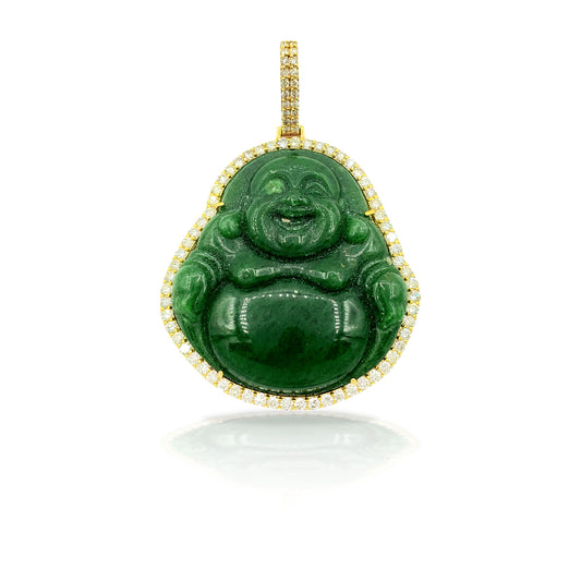 14K Yellow Gold Diamond Buddha With Green Jade