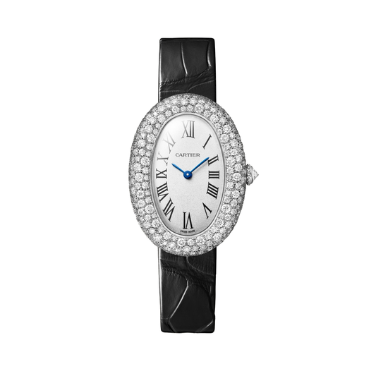 Cartier Baignoire WJBA0046 - Medium model Rhodium-finish 18K white gold, Silvered grained Dial, Navy blue alligator leather strap
